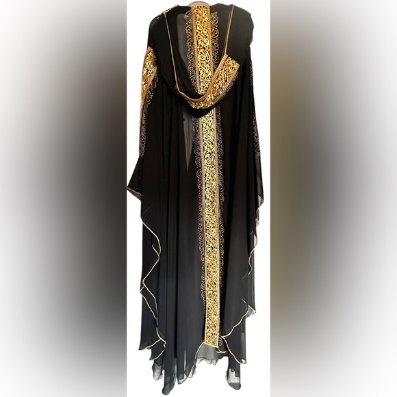 Black and Gold embroidered Women's Cloak hooded Dubai Arabic kimono Abaya (#3) - Picture 8 of 11